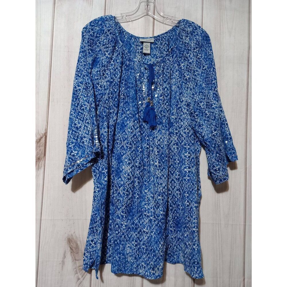 Catherines Shirt Ladies 1x Blue 3/4 Sleeve Tassel Light Weight‎ Sequins